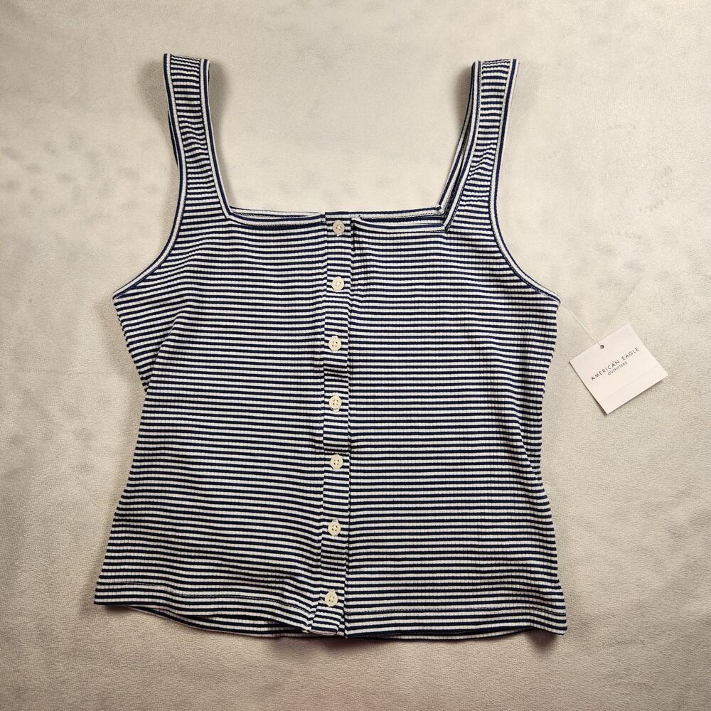 American Eagle AE Navy Blue and White Stripe Square Neck Button Tank Top Medium